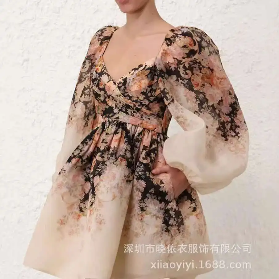 

Spring and summer sexy women's V-neck long sleeved printed bag hip dress