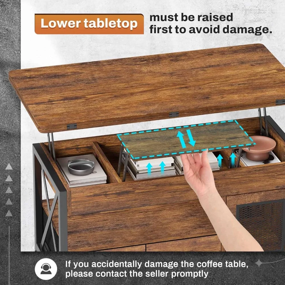 Salontafel in boerderijstijl met hefblad en opbergkast voor woonkamer, 4-in-1 functionele kleine salontafel met 2 lades