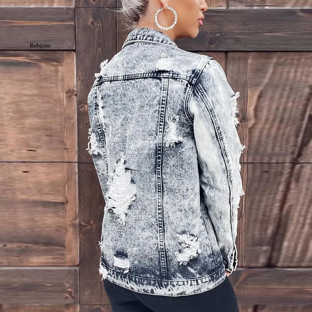 Autumn Retro Denim Jackets Lepal Collar Top Outerwear Sexy Fashion Ripped Street Jacket Boyfriend Mom Jean Coats