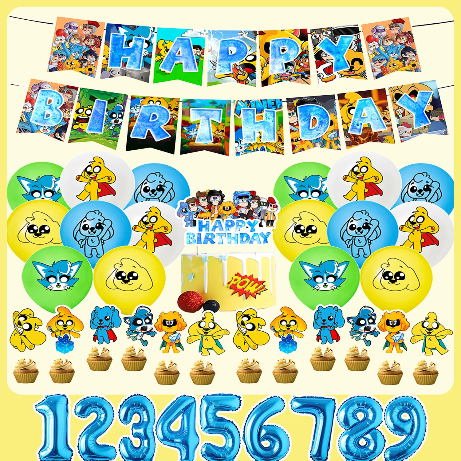 Decoración de Fiesta de Cumpleaños con Temática de Cartoon&M-Mikecracks, Banner de Feliz Cumpleaños, Globos de Látex, Adornos para Cupcakes, Fondo, Recuerdos para Fiesta Infantil