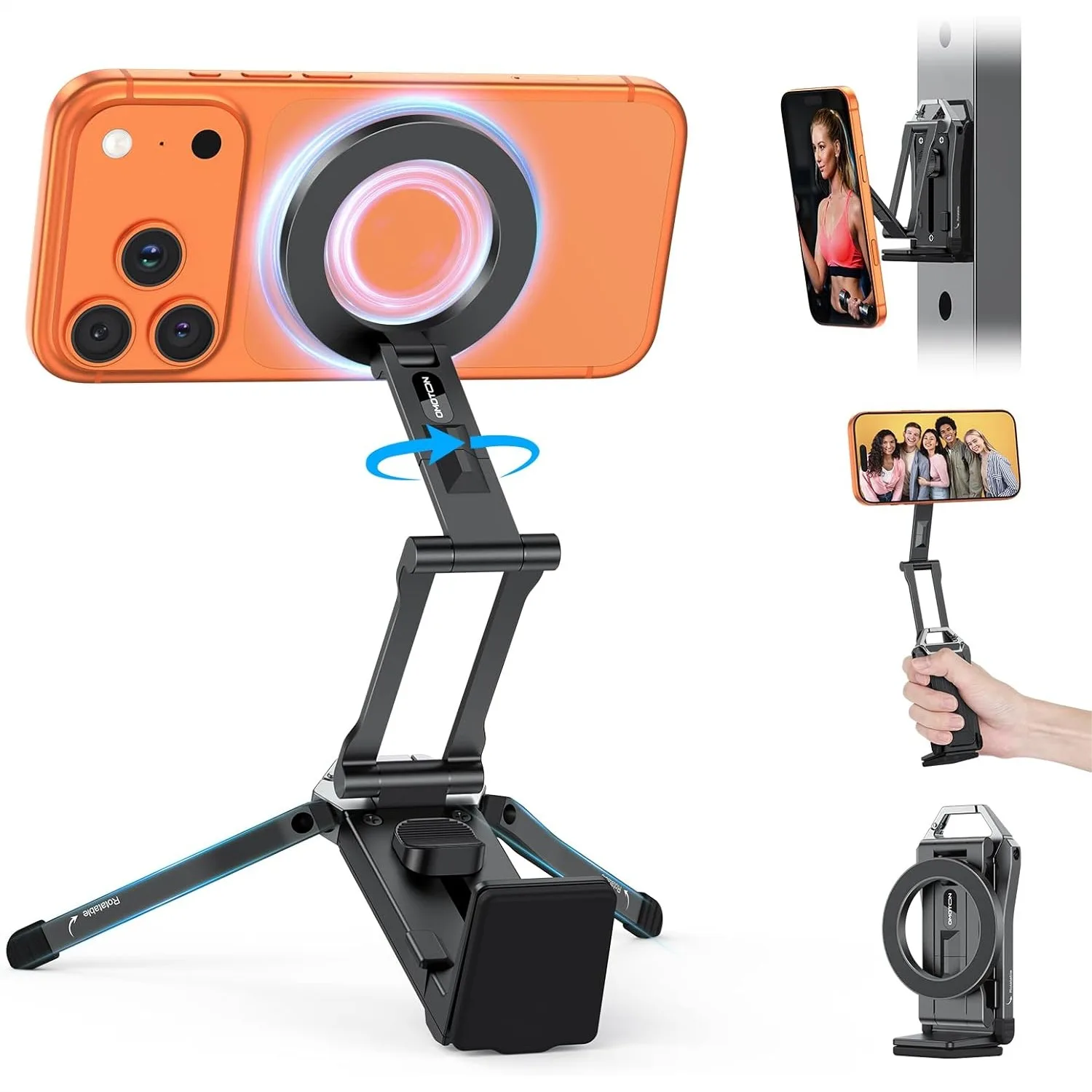 

360° Rotating Magnetic Phone Tripod with Adjustable Aluminum Alloy for iPhone 16/15/14 Pro Max, Foldable Stand for Vlog Gym