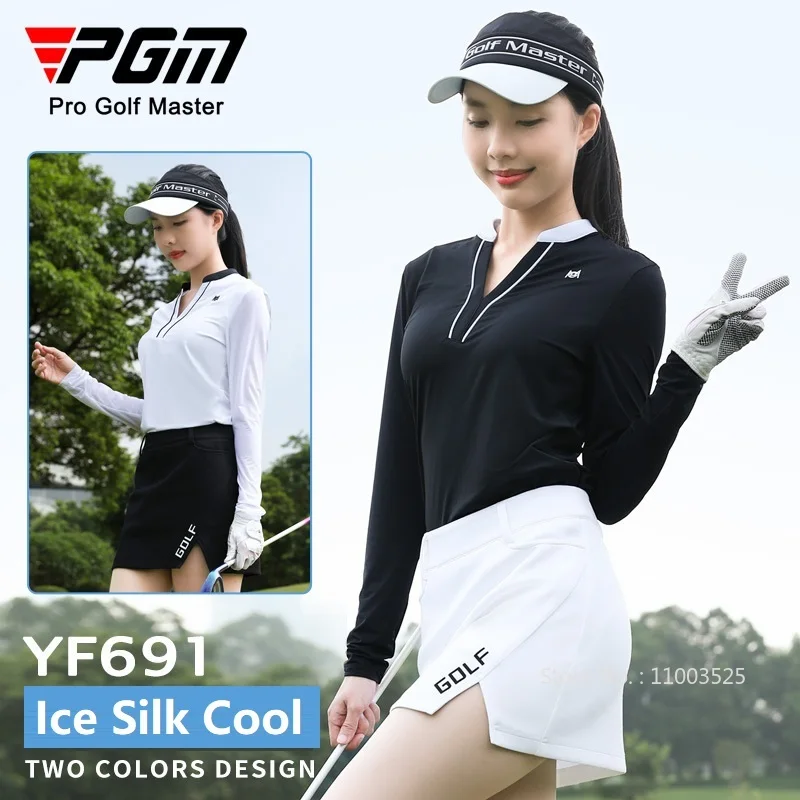 Pgm Women Outdoor V-neck Golf Shirts Ice Silk Long-sleeved Sports Top Slim Sunscreen Casual T-Shirts Lady Cooling Golf Clothing