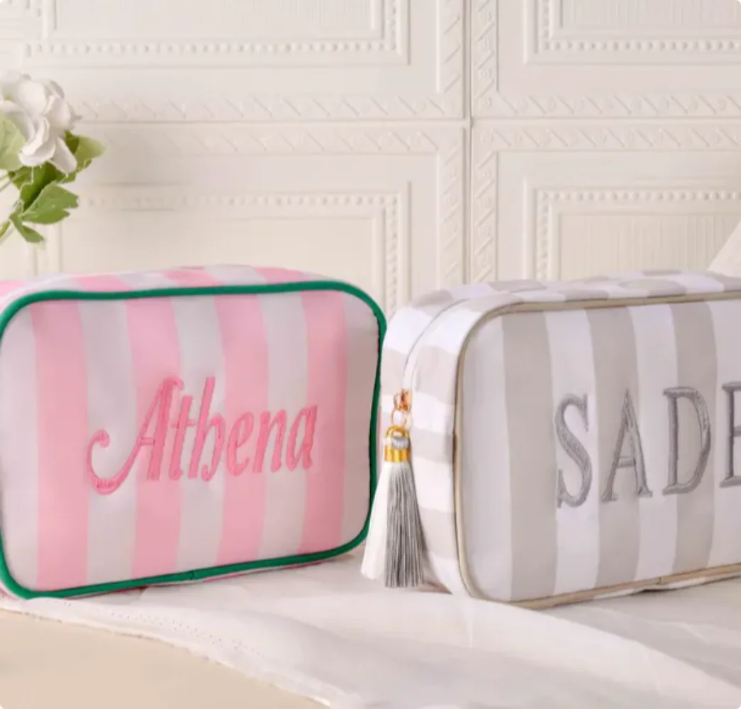 Personalized Embroidered Name Makeup Bag, Monogramed Toiletries Bag, Ladies Travel Storage Bag, Striped Tassel Toiletry Bag