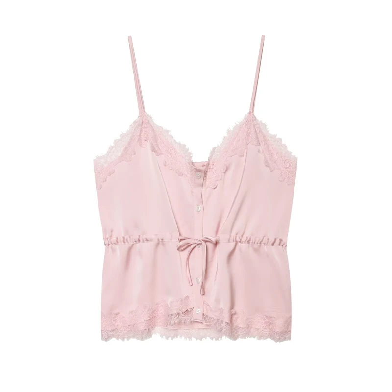Guobioziy Women's Top 2026 New Summer Lace Patchwork Satin Texture Light Luxury Top Pure and Gentle Style Women's Camisole