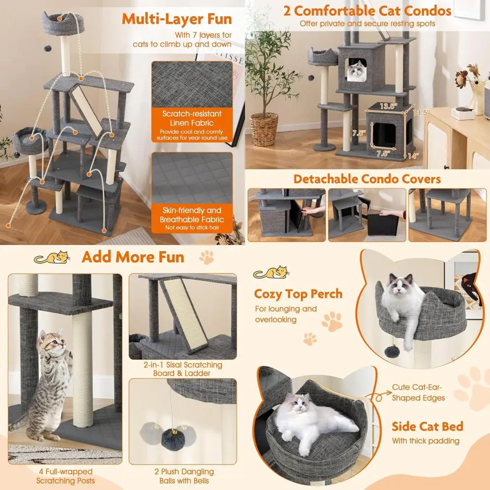 

71 Multi-Level Large Cat Tower with Sisal Scratching, 2 Removable Condos, Bed, and Toys, Modern Linen Fabric Indoor Cat Tree