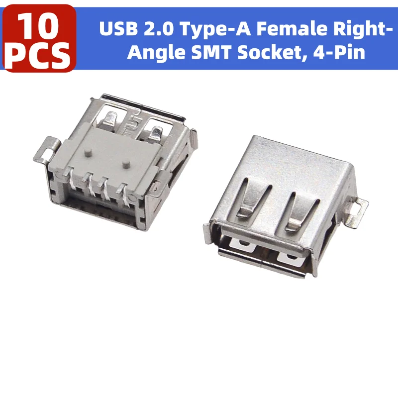 10 Uds USB 2,0 tipo A hembra enchufe SMT de ángulo recto, 4 pines con aislamiento Beige, terminales de engarzado, orejas de montaje y postes de posicionamiento