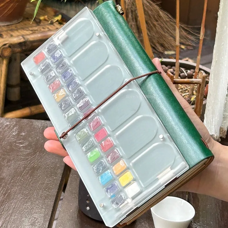صندوق سحري صغير محمول للسفر بألوان مائية من الجلد مجموعة دفاتر ملاحظات فنية للطلاب في الهواء الطلق لوازم الرسم