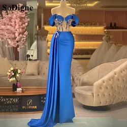 SoDigne Satin Long Evening Dresses Blue Beads Off The Shoulder Modern Prom Dress Side Slit Dubai Women Formal Party Dress