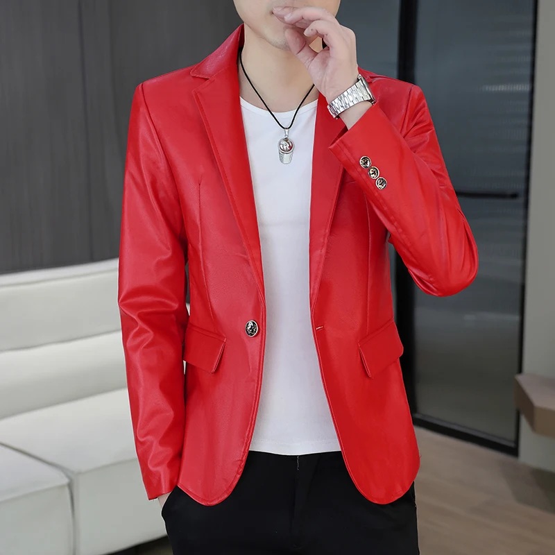

Мужская кожаная куртка с блеском, красная, повседневная, приталенная, в корейском стиле, весна-осень, новая модная, городской стиль, с длинными рукавами, на пуговицах