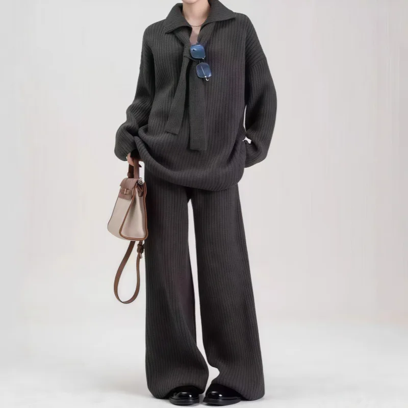 

Autumn Winter Knitted Velvet Set Women's Polo Collar Sweater Loose Wide Leg Pants Two Piece Set Comfortable Casual Style