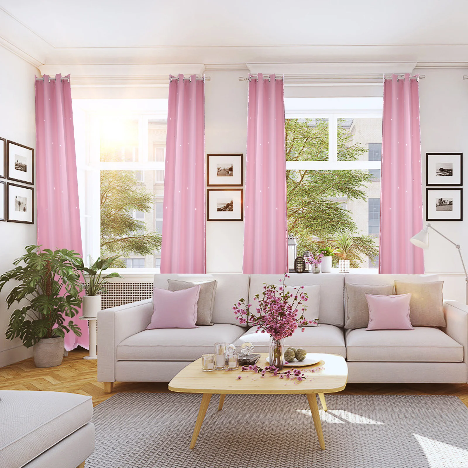 

Blackout Curtains Out Tulle Overlay Pink Two-in-One Layer for Girls Bedroom Window Drapes Star Hollow Out Blackout