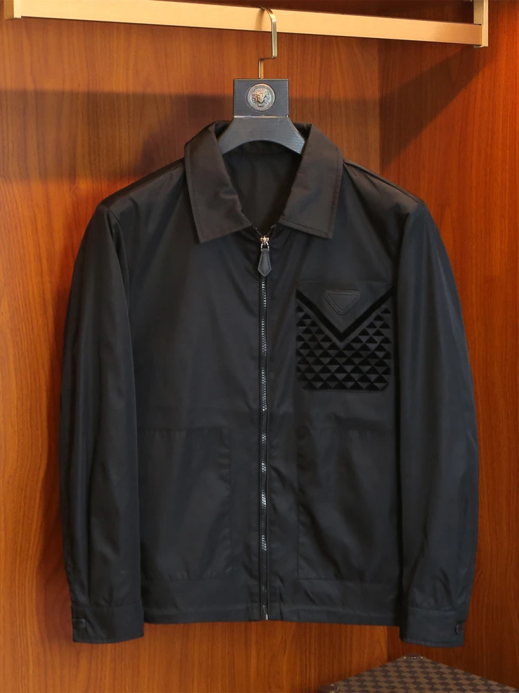 

Мужская тонкая куртка Slim Fit для весны и осени с отложным воротником, модная молодежная верхняя одежда из дышащего полиэстера с длинными рукавами и застежкой-молнией