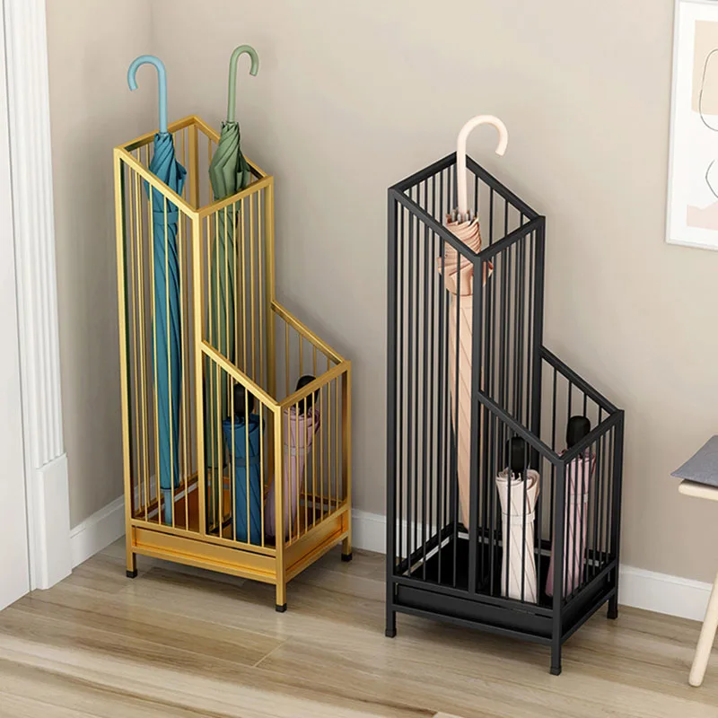 Gold Metal 2-Compartment Umbrella Stand – Freestanding Umbrella Holder with Drip Tray for Entryway & Home Decor