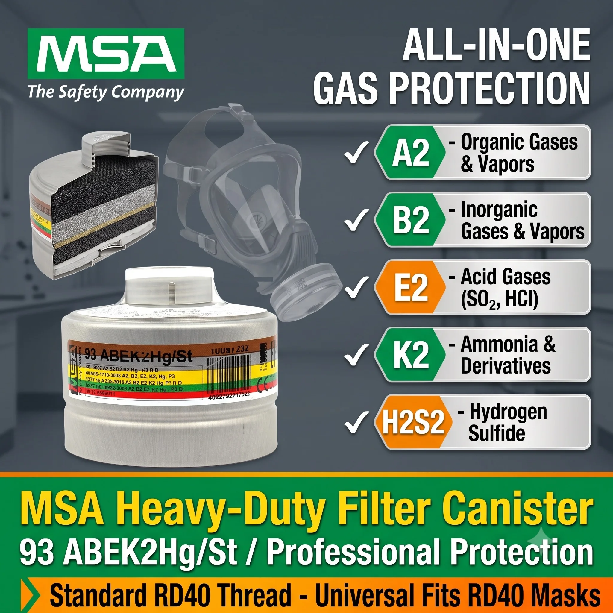 MSA 93 ABEK2-Hg/St Rd40 Gas Mask Filter Canister A2B2E2K2 Hg P3 Industrial Safety Chemical Respirator Cartridge for 3S 410