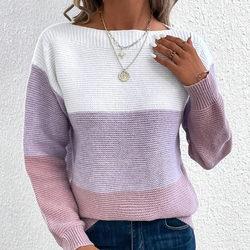 New Knitted Color-blocking Round Neck Long Sleeve Loose Versatile Sweater Tops De Talla Grande Prendas De Punto Nuevas Top Woman
