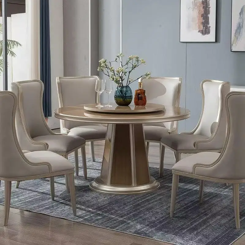 @#2025 European Royal Design Dining Tables and 6 Chairs Sets Luxury Gold Carved Wooden Dining Marble Round Table Set for Wedding