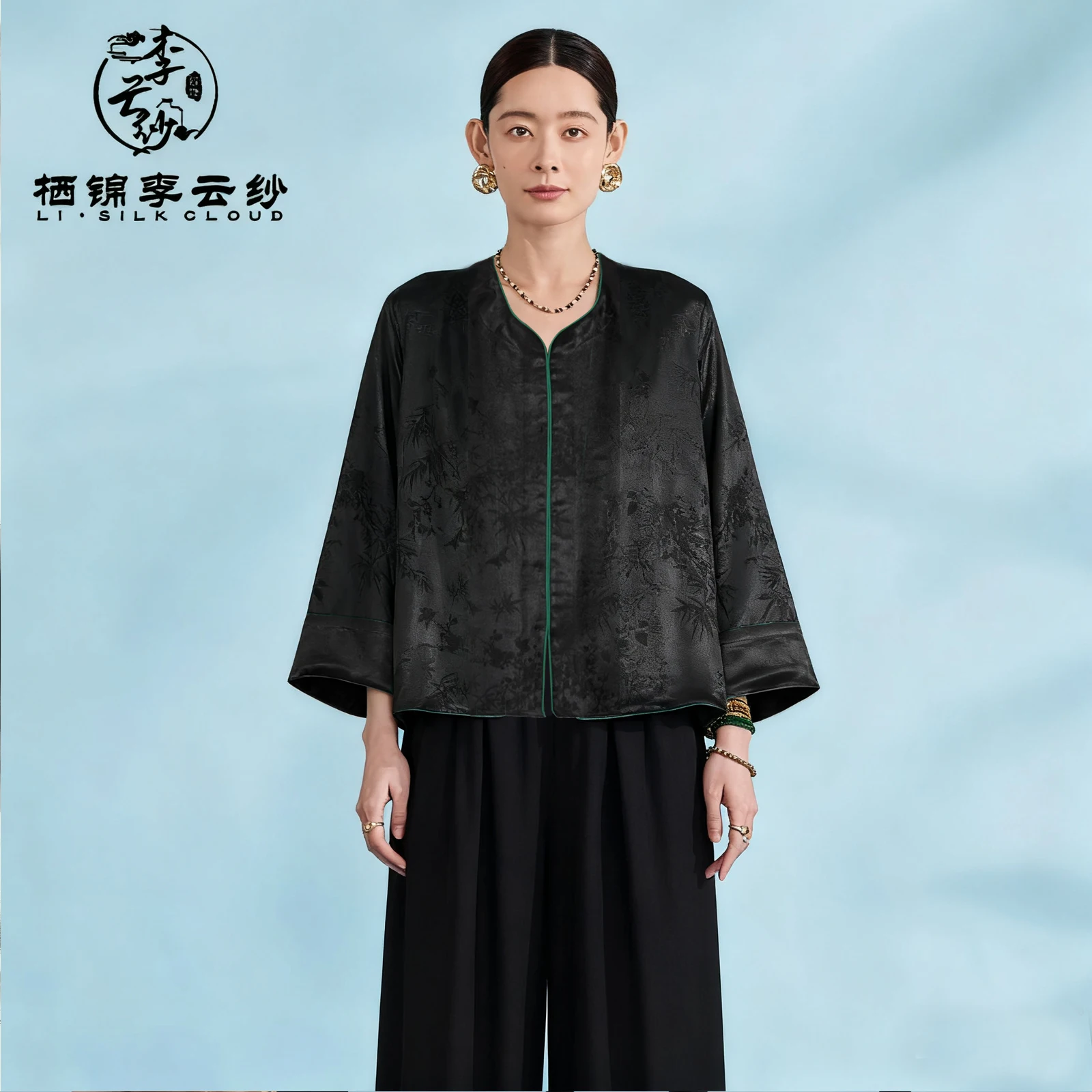 

LI SILK CLOUD xiangyunsha Верхняя одежда, 100% тутовый шелк, длинный рукав в китайском стиле, мягкая марля Гуандун с черным жемчугом Гуандун