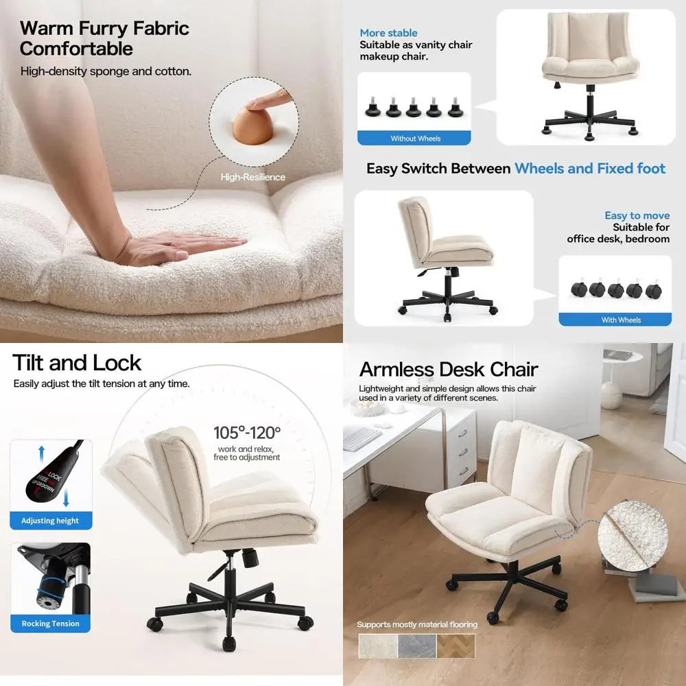 

Кресло на колесиках с мягким сиденьем без подлокотников, широкое поворотное офисное кресло, регулируемое по высоте кресло для дома и офиса, для макияжа, кремово-белое