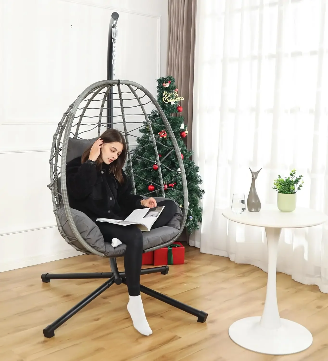 Chair with Stand, Swing Chair Hanging Chair Nest Basket, UV Resistant Removable & Washable Cushions,350LBS Capacity