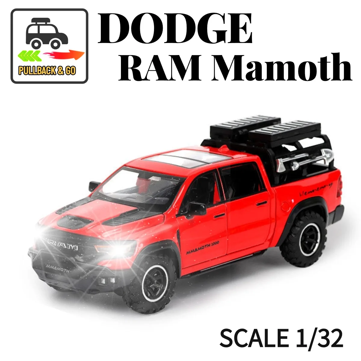 1:32 Dodge RAM Mamoth Pullback Car Toy with Lights Engine Sound, Audi Mclaren Diecast Car Model Scale Replica Gift Kid Boy Toy