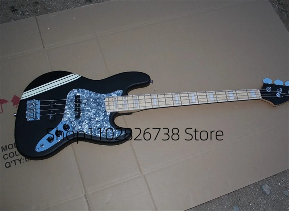 4 Strings Metal Bass Guitar Black body White Stripes Maple Neck Blue Pearl Guard Rosewood Fingerboard  Factory Custom Color