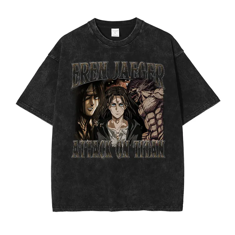 Mikasa Ackerman T Shirt Vintage Washed Anime T-shirts Eren Jaeger Streetwear Fashion y2k Manga Retro Tops Tees Man 100% Cotton