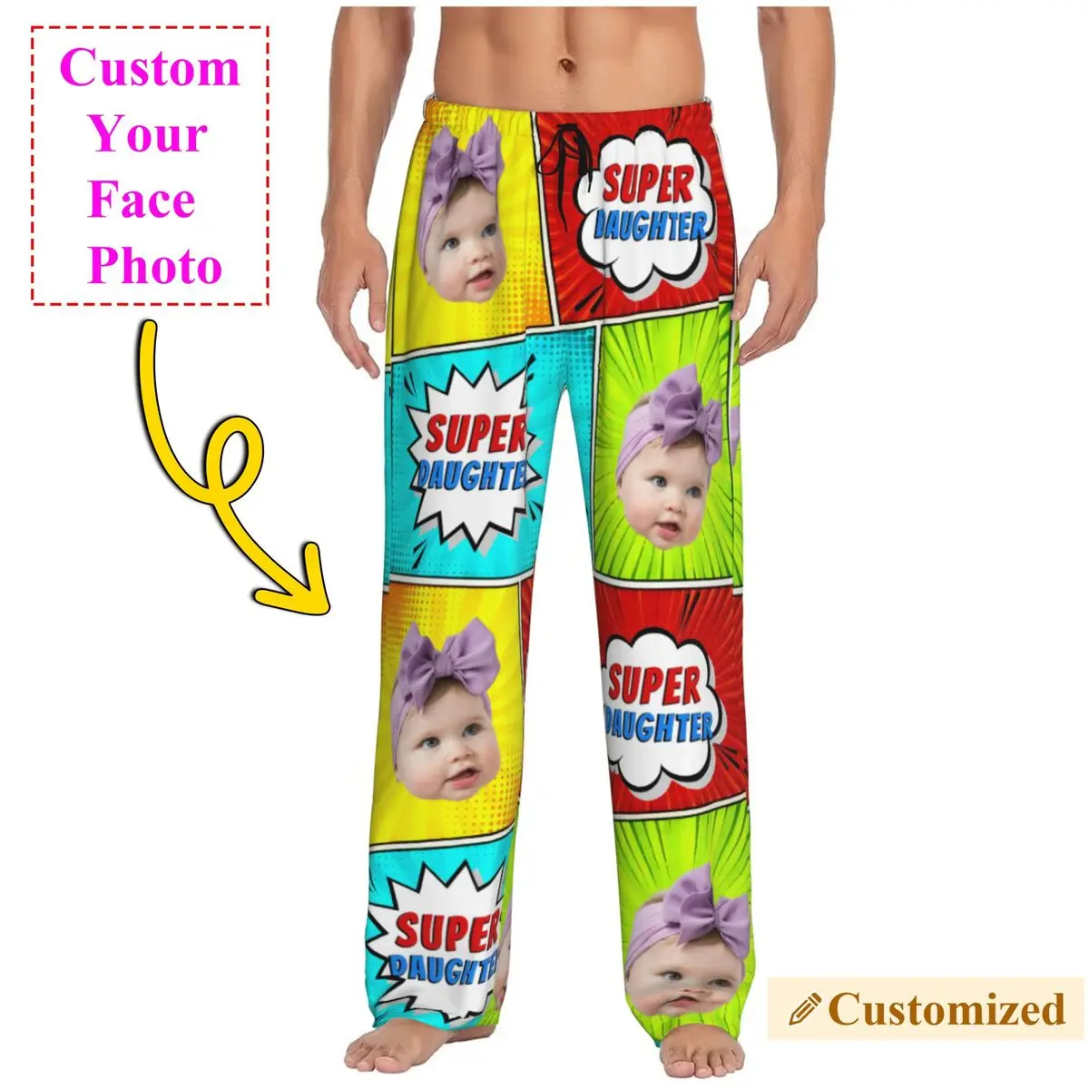 Men Super Daughter Custom Pajama Pants Custom Print Personalized Face Photo Design Sleep Sleepwear Bottoms with Pockets