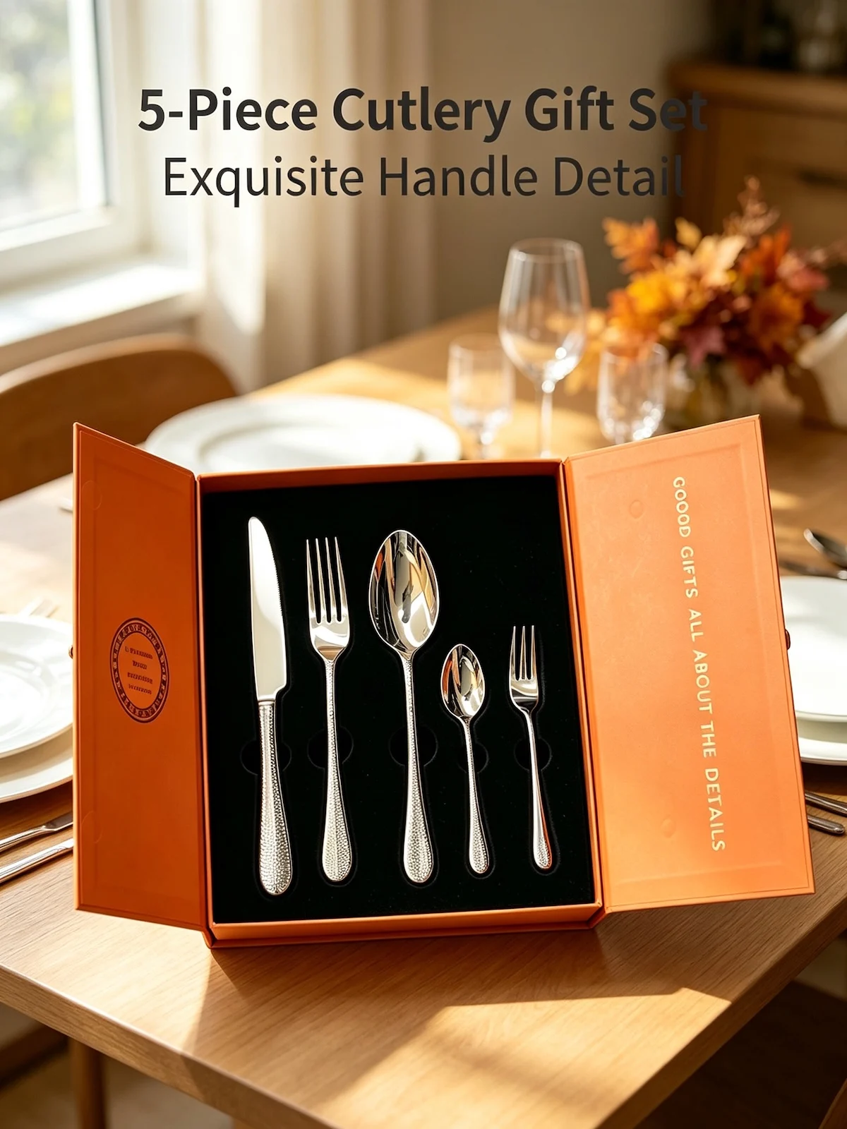 Smooth Hammer Textured Handle 5Pcs Cutlery Set, 420/304 Stainless Steel Gift Box for Party & Present