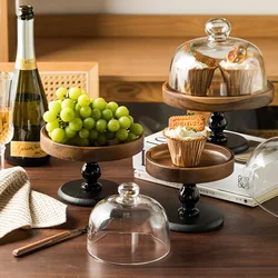 High Dessert Plates with Glass Cover and Natural Wooden Tray for Fruit Snack Cake Display Stand Party Wedding Wedding Decoration