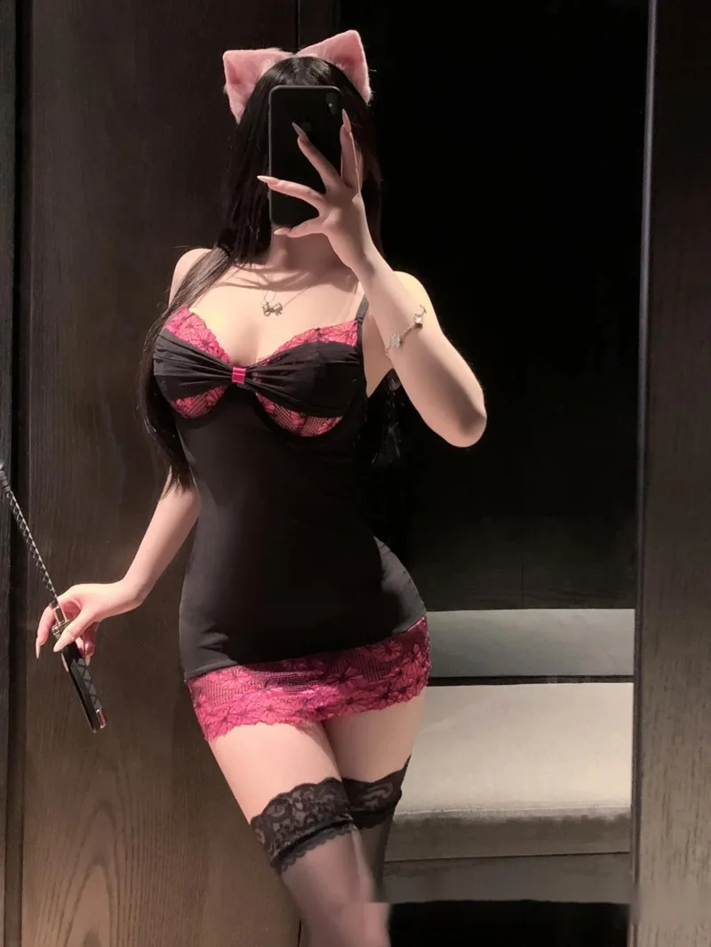 섹시 레이스 리본 스틸 링 힙허깅 탱크 미니 드레스 유니폼 퓨어 디자이어 드레스 우아한 2025 신상 여성 슬림 탑 HET8