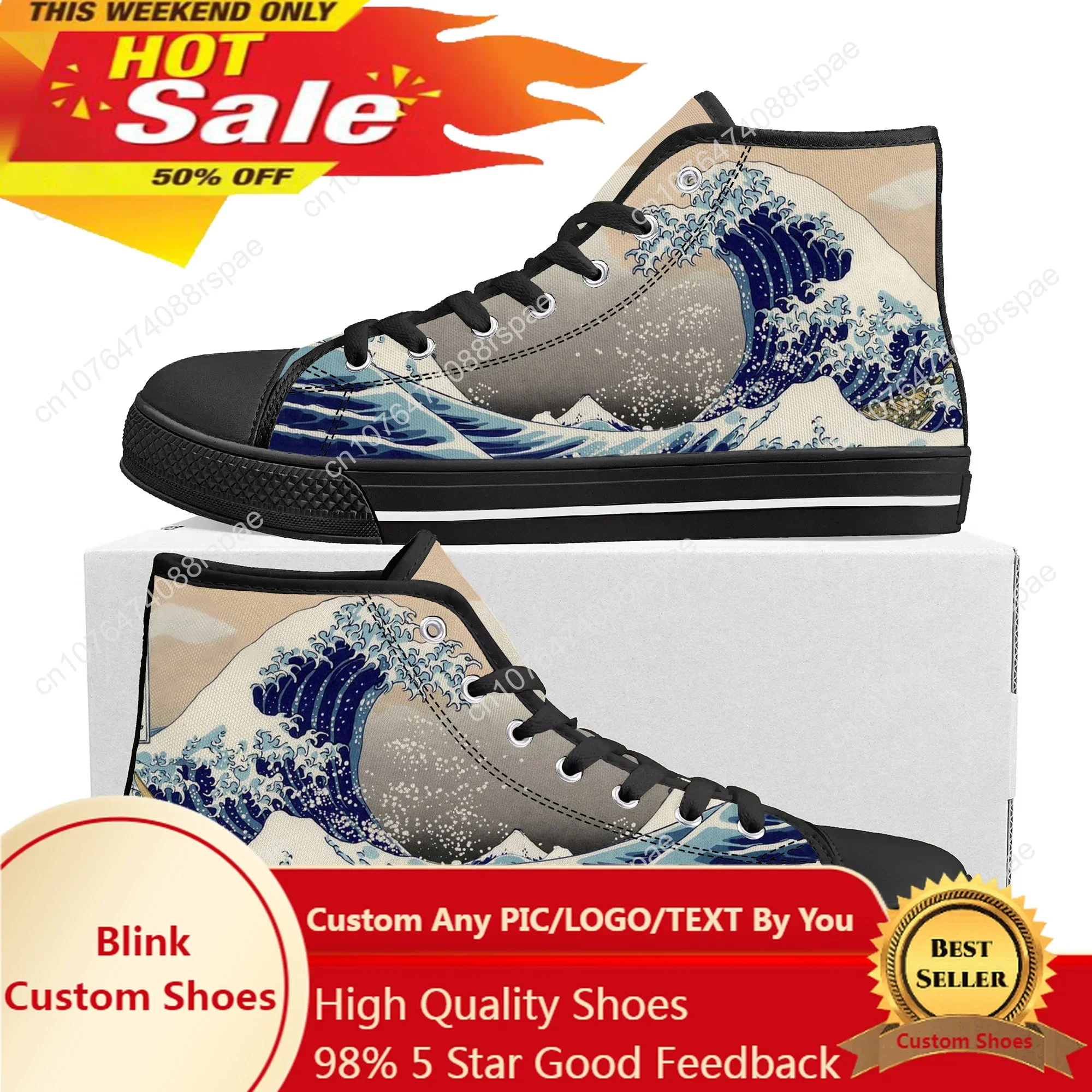 

The Great Wave off Kanagawa Printmake Art High Top Sneakers Mens Womens Teenager Canvas Sneaker Casual Couple Shoes Custom Shoe