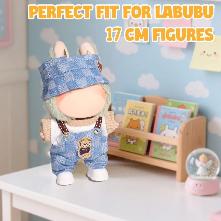 لملابس Labubu لملابس Labubu مجموعة ملابس لدمية Lububu 17 سنتيمتر 3 قطعة مجموعة ملابس قبعة لـ LA BUBU للأولاد والبنات Styli