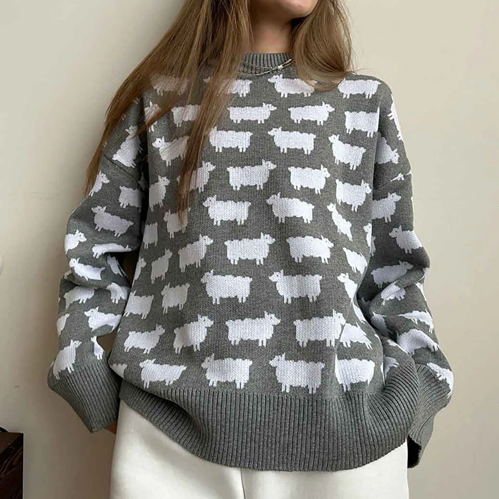 Sheep Print Women\'s Knitted Sweater Loose Casual Crew Neck Long Sleeve Top Autumn Winter New Soft Warm Pullovers Female