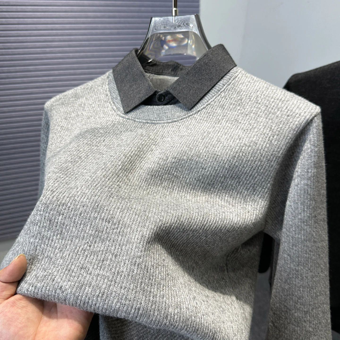 

Thiened irt Collar One-Piece Fce Knitted Sweater Men's Winter Casual Sle Warm Faionable Inner Wear Pure Color