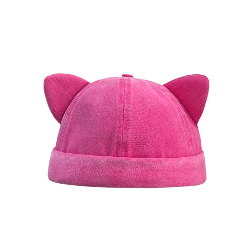 

Foldable Cute Cat Ears Brimless Hat Adjustable Washed Old Solid Color Beanie Hat Sweet Without Brim Basin Hat Camping