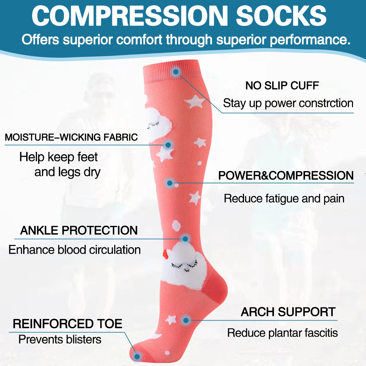 6-Paar Mond- und Stern-Kompressionssocken für Damen und Herren, medizinisch, atmungsaktiv, kniehohe Kompressionssocken, Damen, Krankenschwester-Kompressionssocken