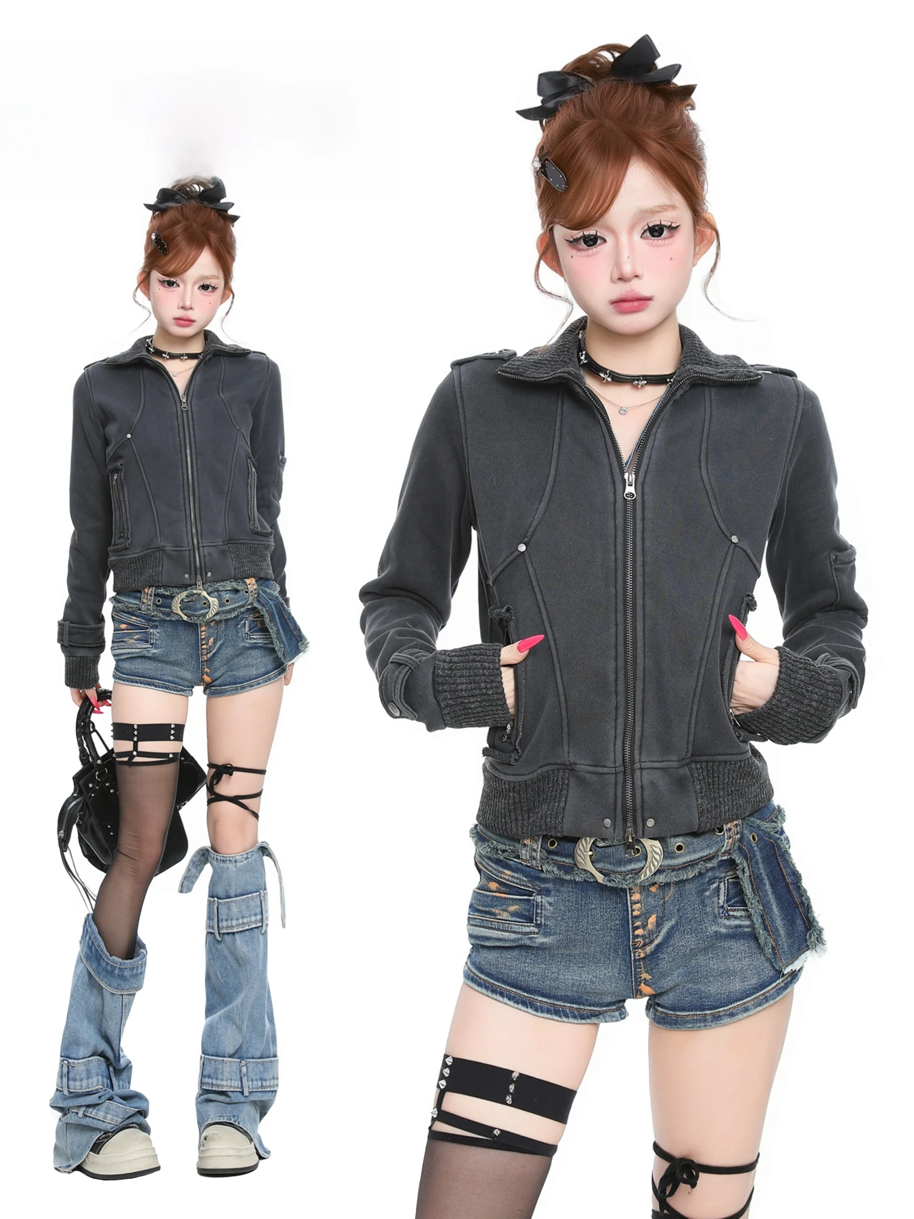

BASTERDS Vintage American Washed Stand Collar Jacket Women Spring Spicy Slim Fit Design Sense Fleece Lined Outerwear