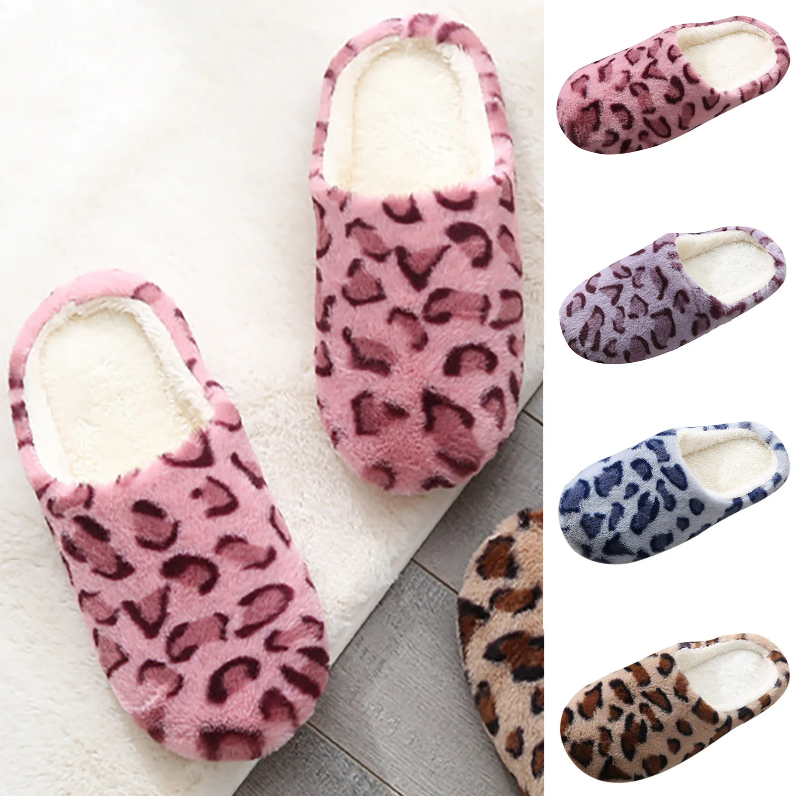 Women Leopard Print Slippers Round Toe Flats Plus Velvet House Indoor Bedroom Slippers Winter Cotton Soft Shoes Couples Slippers