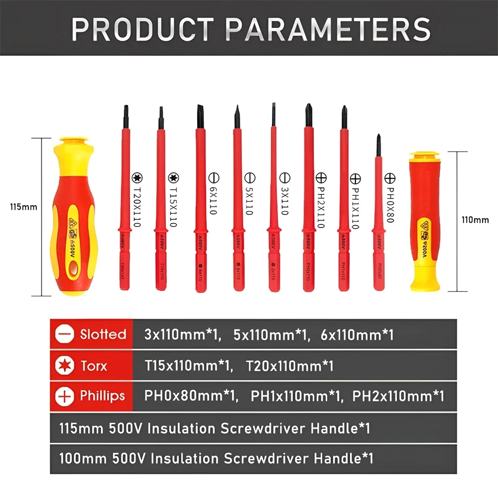 Set di cacciaviti isolati punte TORX Phillips scanalate magnetiche, strumenti di riparazione per elettricisti cacciaviti 500V resistenti ad alta