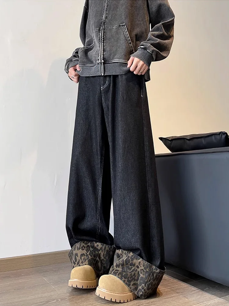 

Модные джинсы с леопардовым принтом в стиле пэчворк, широкие джинсы с манжетами, свободные брюки прямого кроя для мужчин и женщин, ретро, американский сле