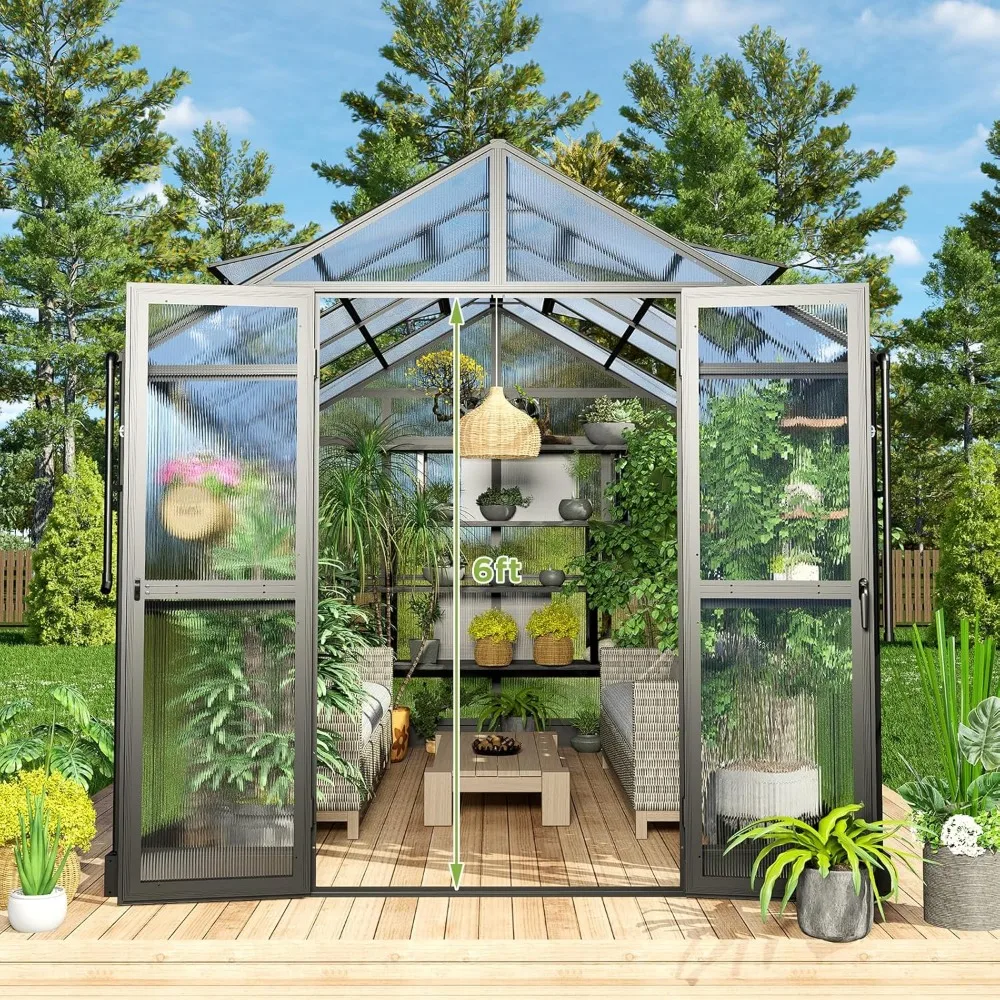 8x12x7.5 FT Polycarbonate Greenhouse Double Swing Doors 4 Vents 5.2FT Added Wall Height, Walk-in Large Aluminum Greenhouse