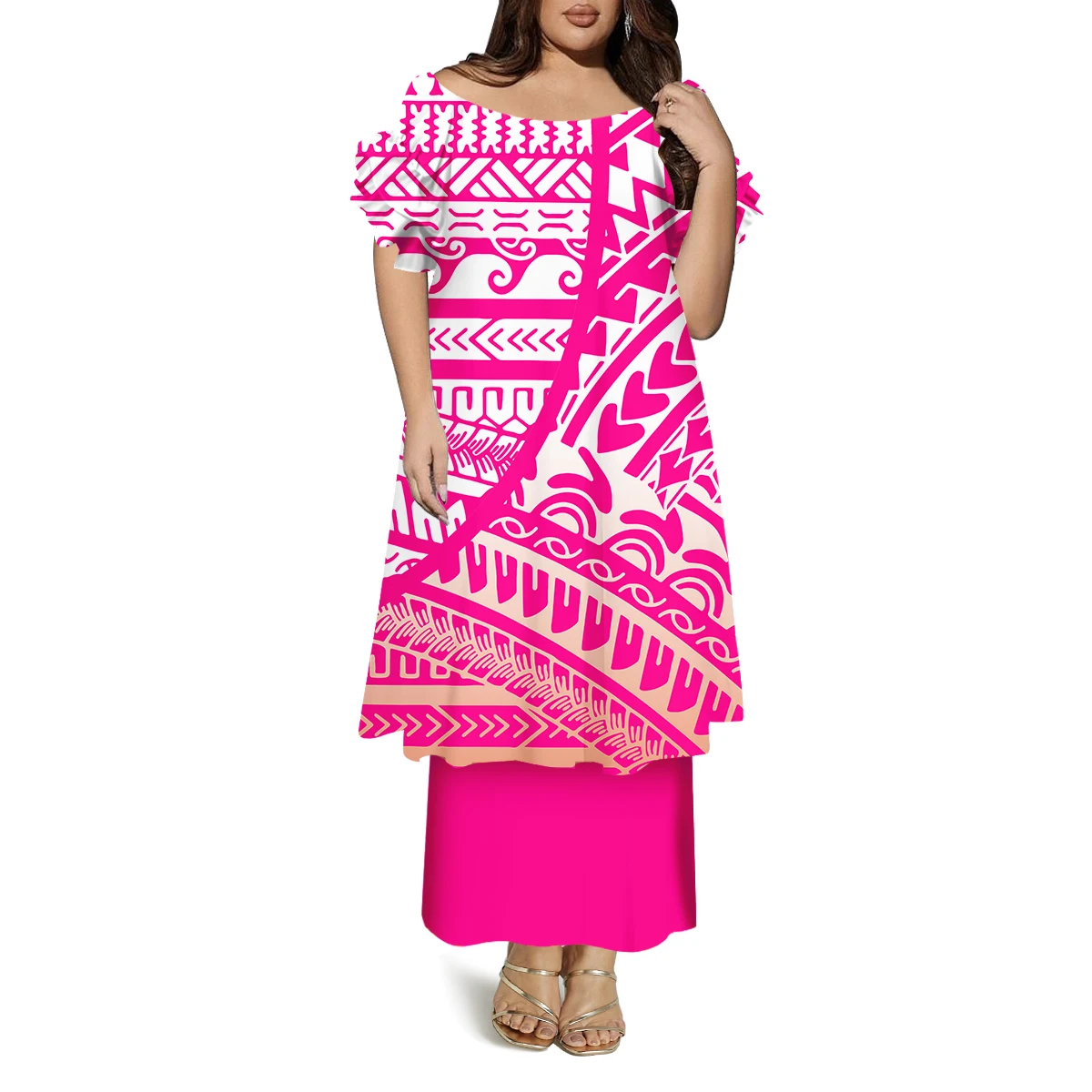 Vestido casual polinésio de camada dupla feito sob medida com gola redonda e manga borboleta com padrões confortáveis macios e soltos