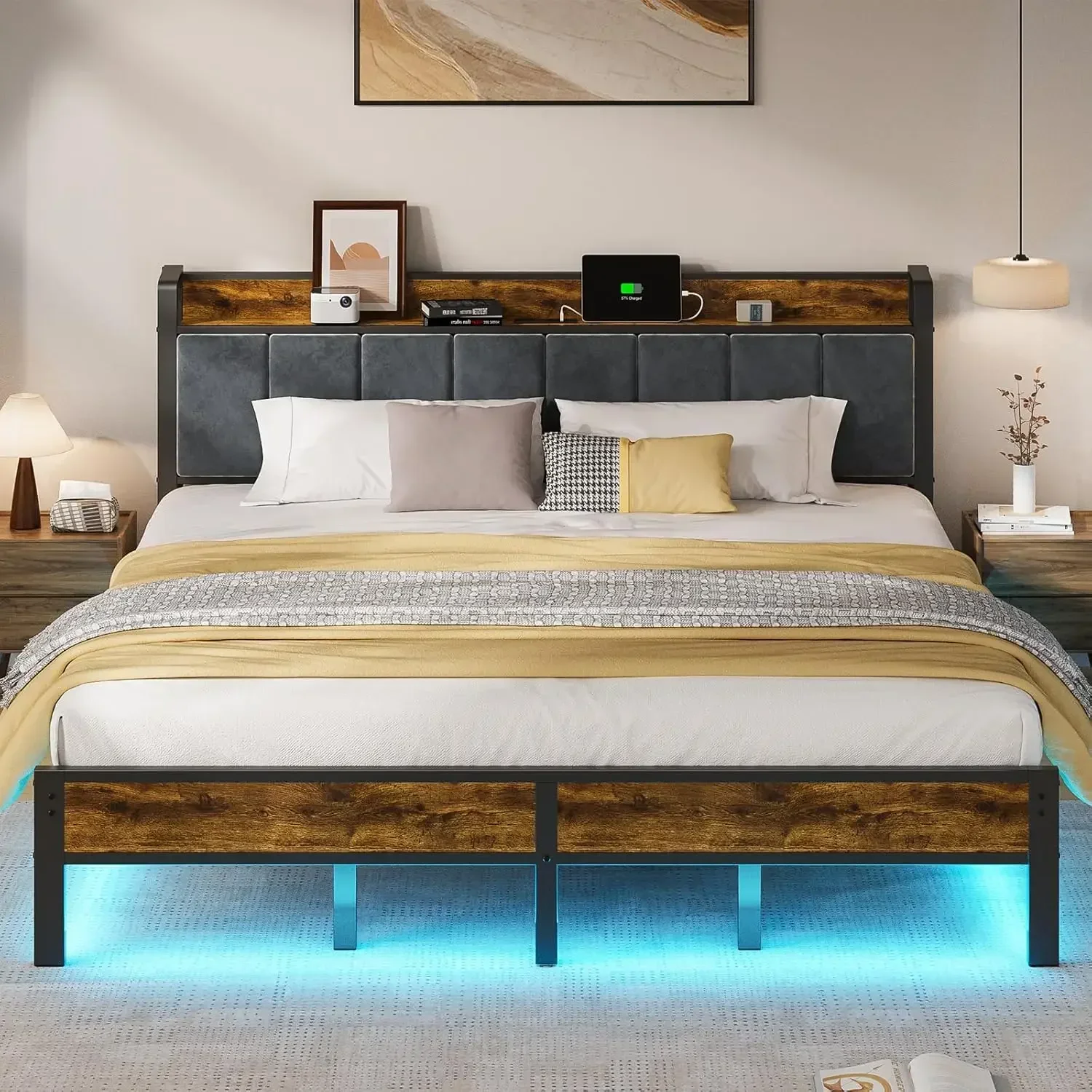 King Size Bed Frame LED Lights Upholstered Headboard Storage Charging Station Metal Slats