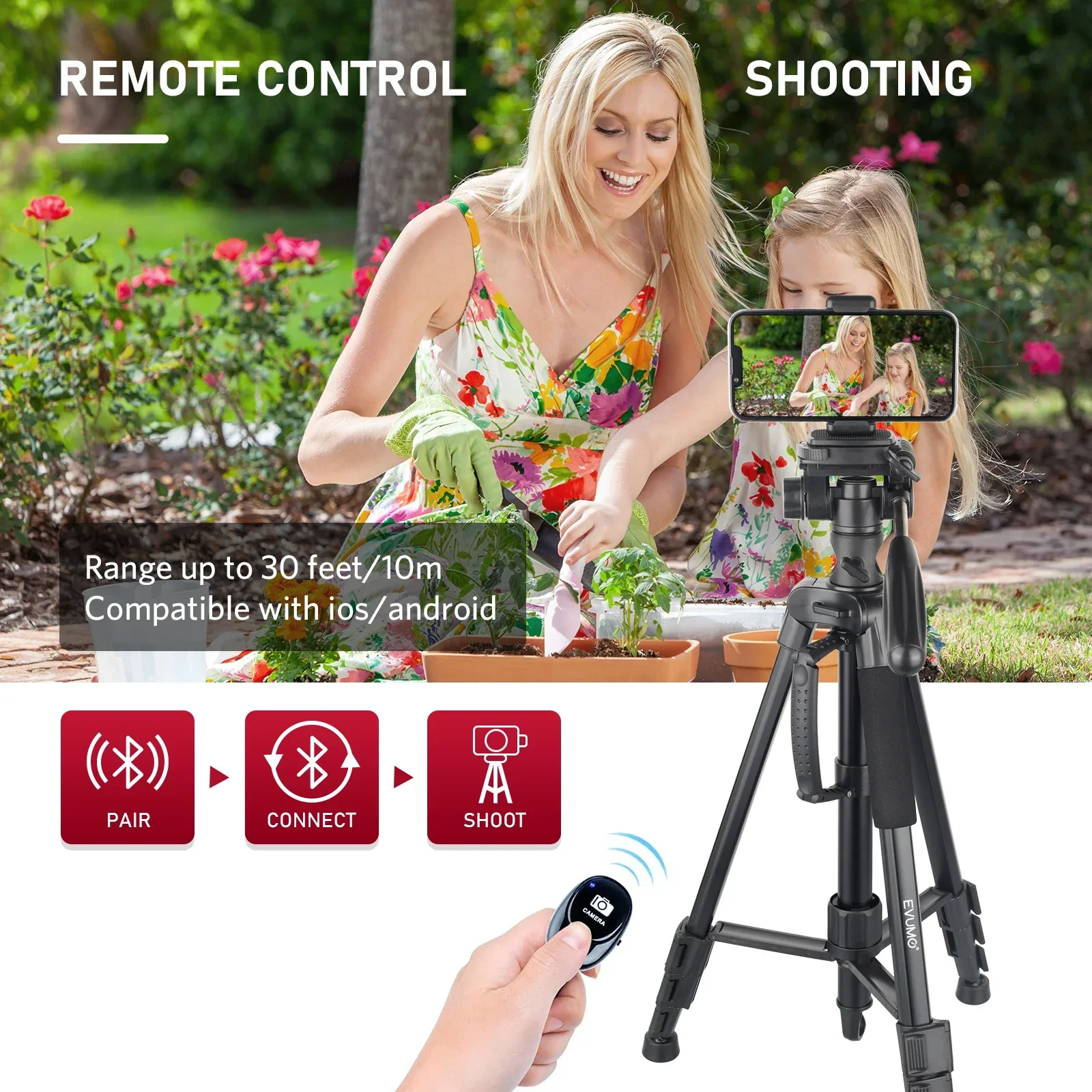 EVUMO HF3 Professional Horizontal Tripod Max 1.67M Lightweight Travel Aluminum Tripod Stand Bluetooth for Canon Nikon Sony Phone