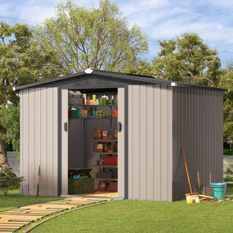 Outdoor Storage Shed for Garden Tools, Galvanized Steel, Gray, 8x6 FT, Sloped Roof and Lockable Double Sliding Doors