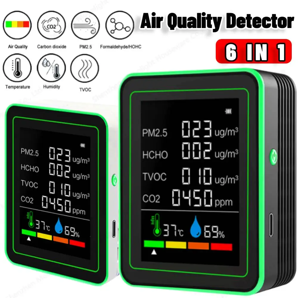 Multifunctional 6 in 1 CO2 Meter Digital Temperature Humidity Tester Carbon Dioxide TVOC HCHO Detector Air Quality Monitor