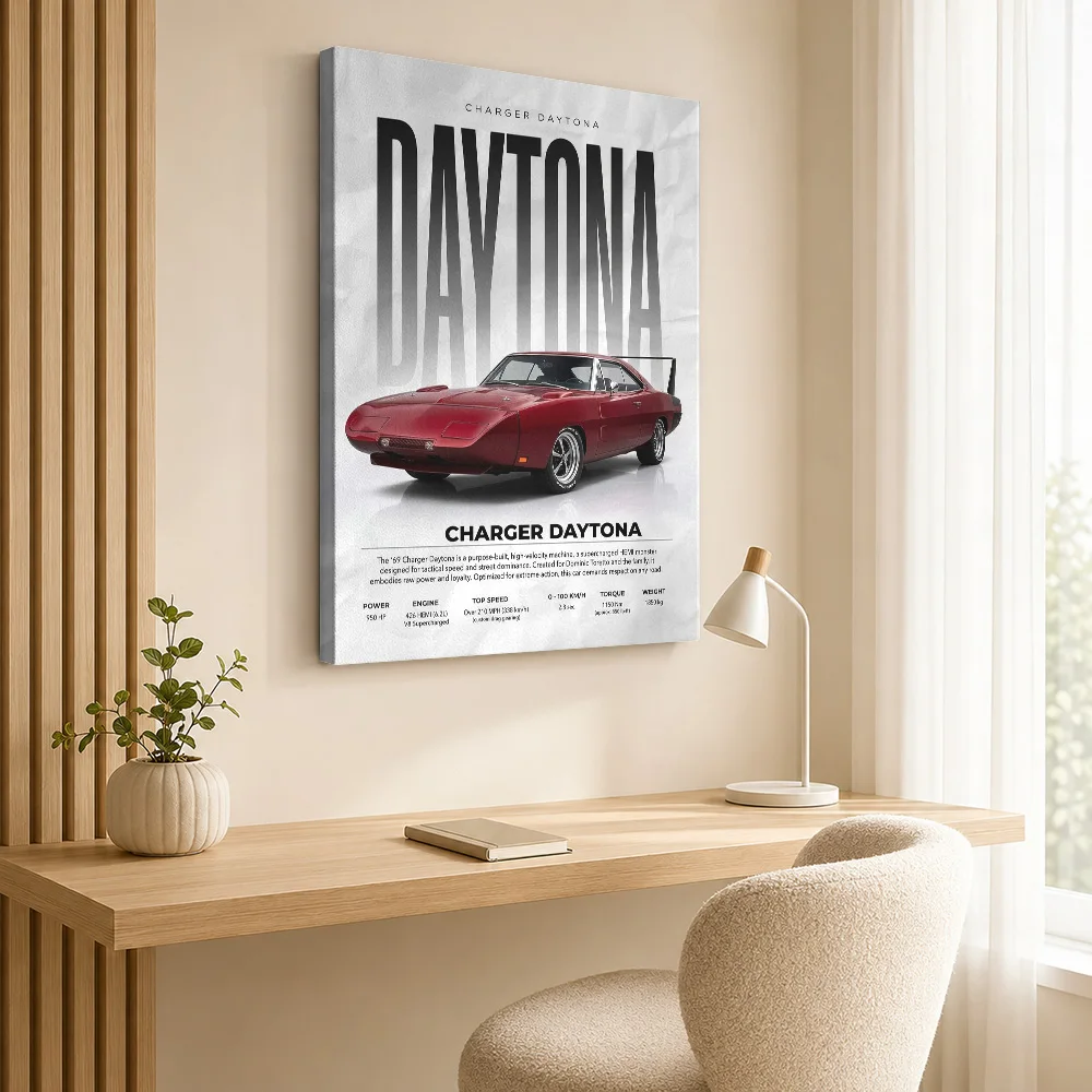 Sleek red 69 Sports Charger Daytona car Framed Canvas Poster Personalized Retro Automotive Canvas Wall Art for Game Room Decor