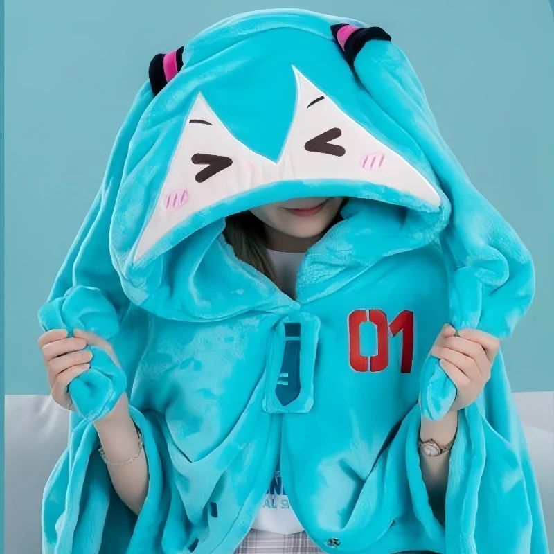 New Anime Hatsune Miku Pajamas Napping Blanket Flannel Cloak Pajamas Cape Flannel Blue Air Conditioning Blanket Gift For Girl