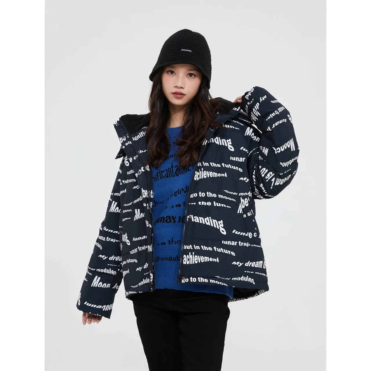 Metersbonwe Women's New Letter Print Down Jackets Loose Winter Hooded Thick Warm Wear Short Youth Casual Outwear