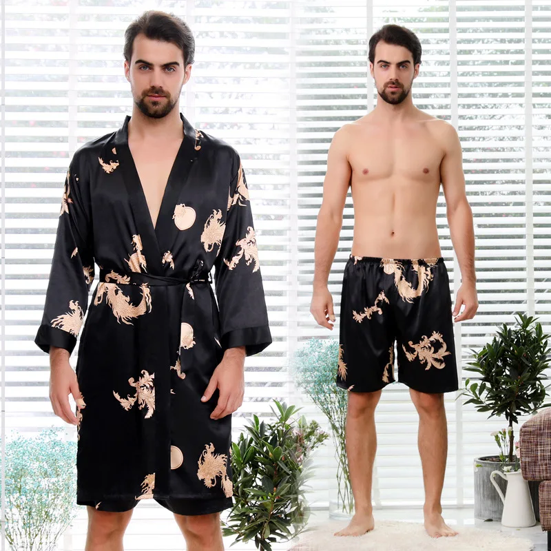 Albornoz Kimono de talla grande para hombre y mujer, ropa de dormir de satén con estampado, camisón, 2 piezas, para estar en casa